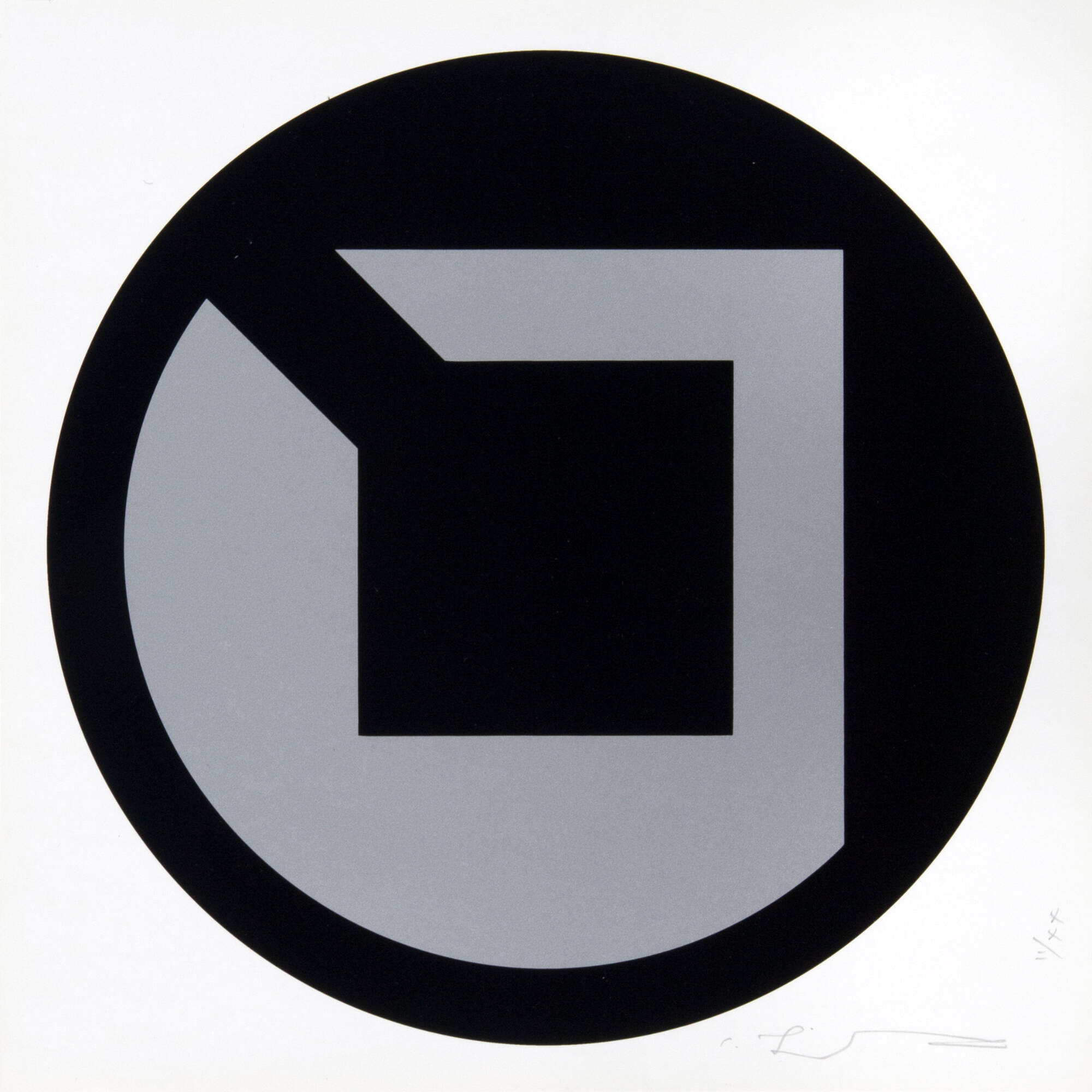 Abstract silkscreen print of a black circle with a silver shape in the circle that is both round and square.